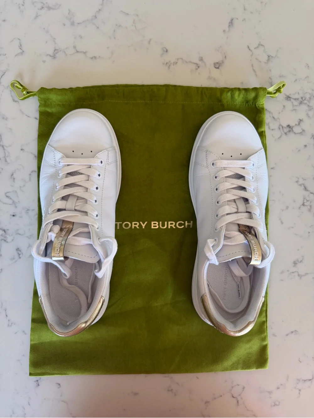 Tory Burch White Leather Sneakers with Gold Heel and Tongue Trim